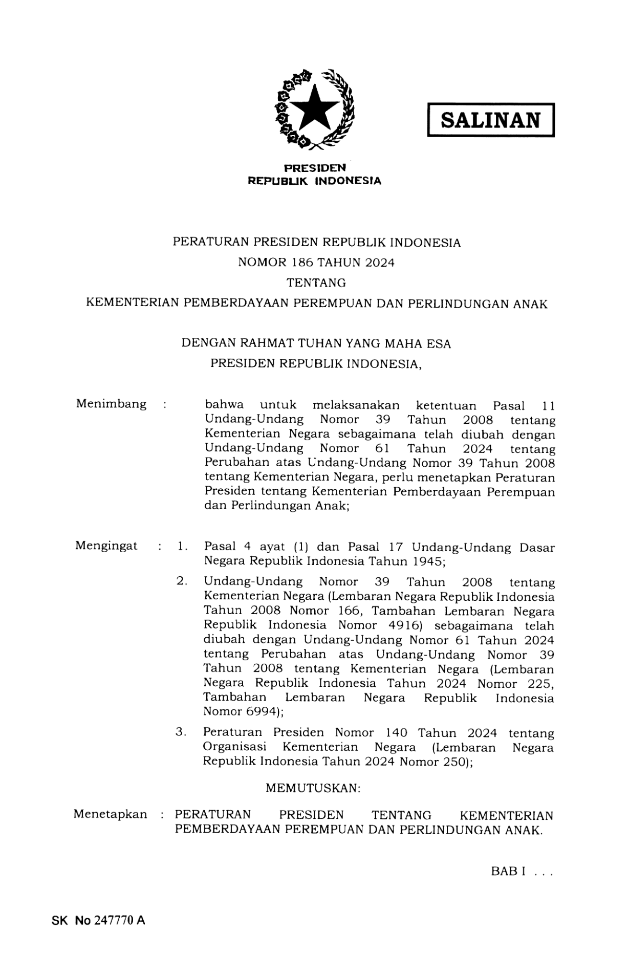 Peraturan Presiden Nomor 186 Tahun 2024