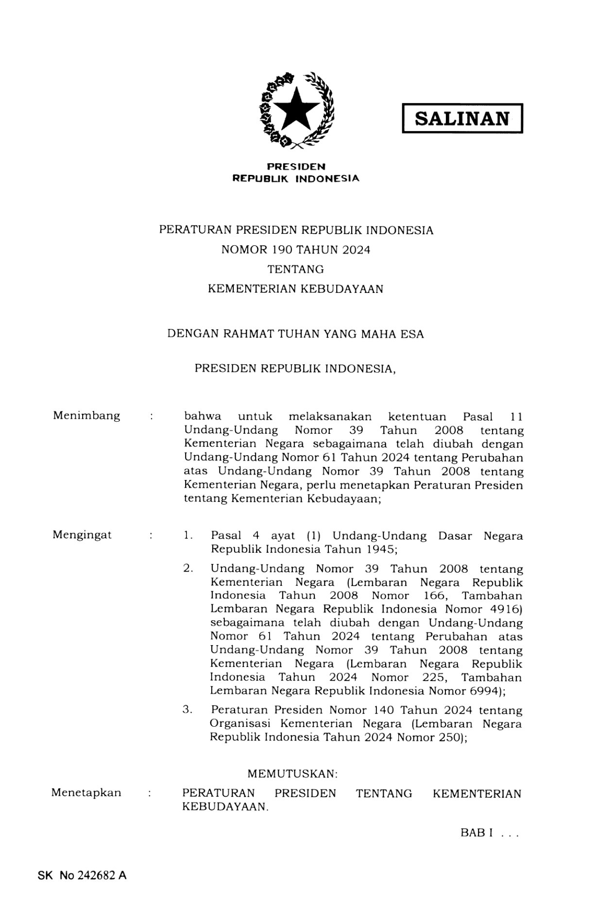 Peraturan Presiden Nomor 190 Tahun 2024