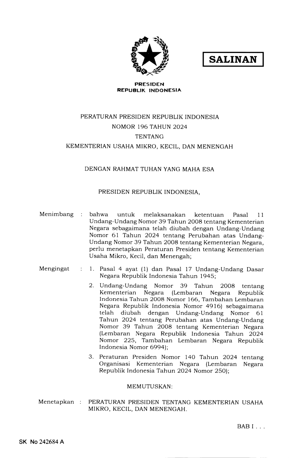 Peraturan Presiden Nomor 196 Tahun 2024