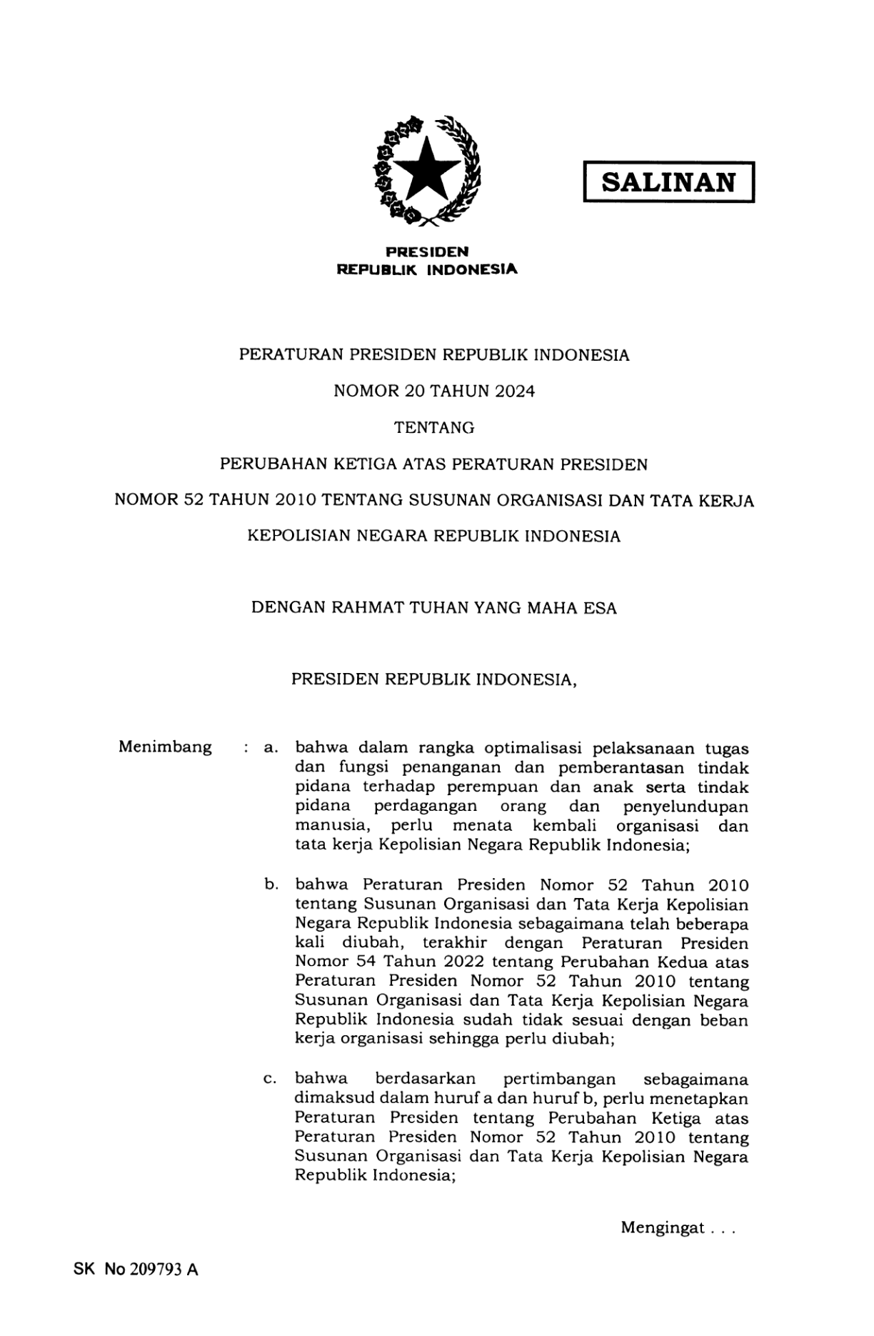 Peraturan Presiden Nomor 20 Tahun 2024