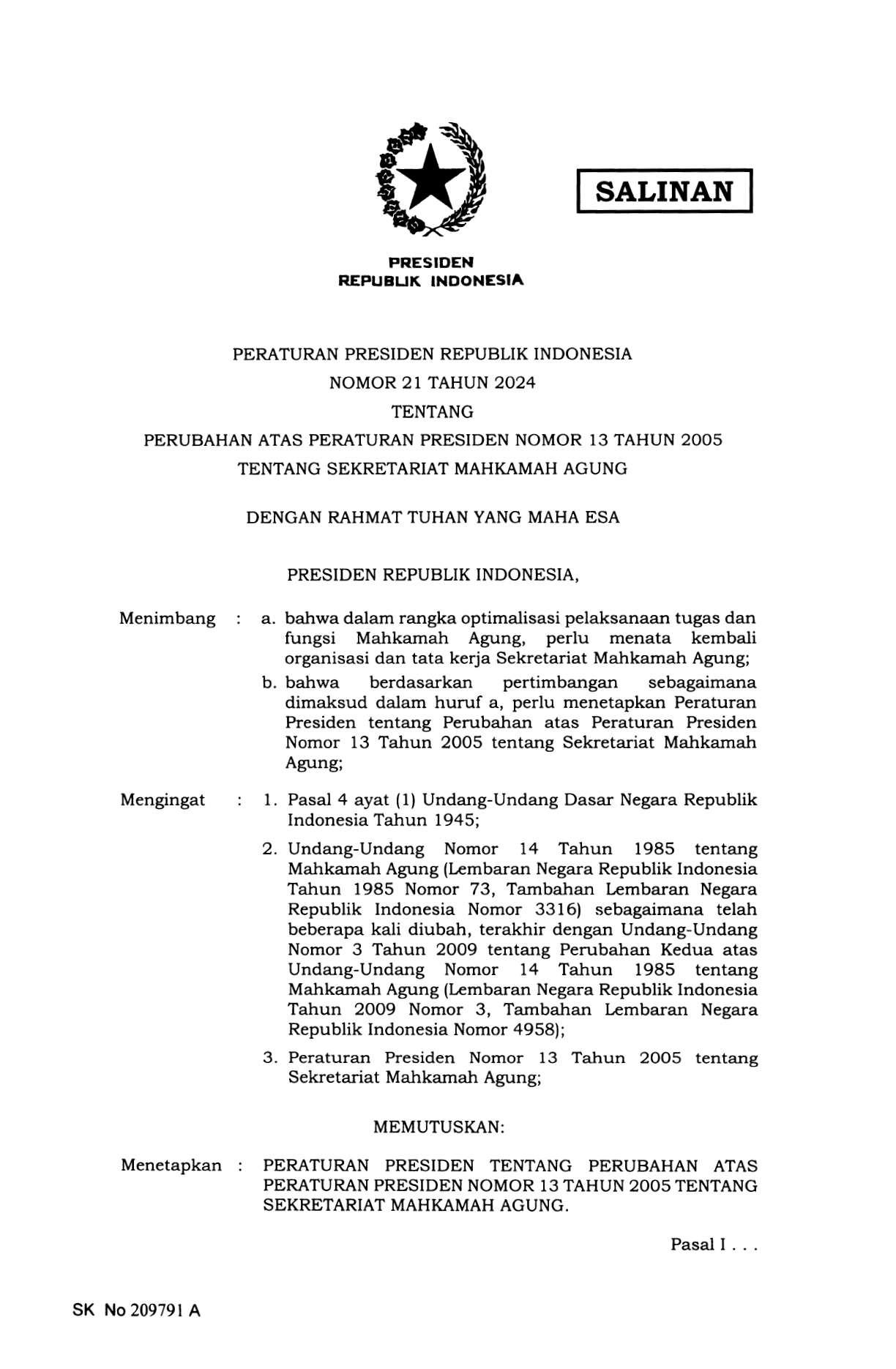 Peraturan Presiden Nomor 21 Tahun 2024