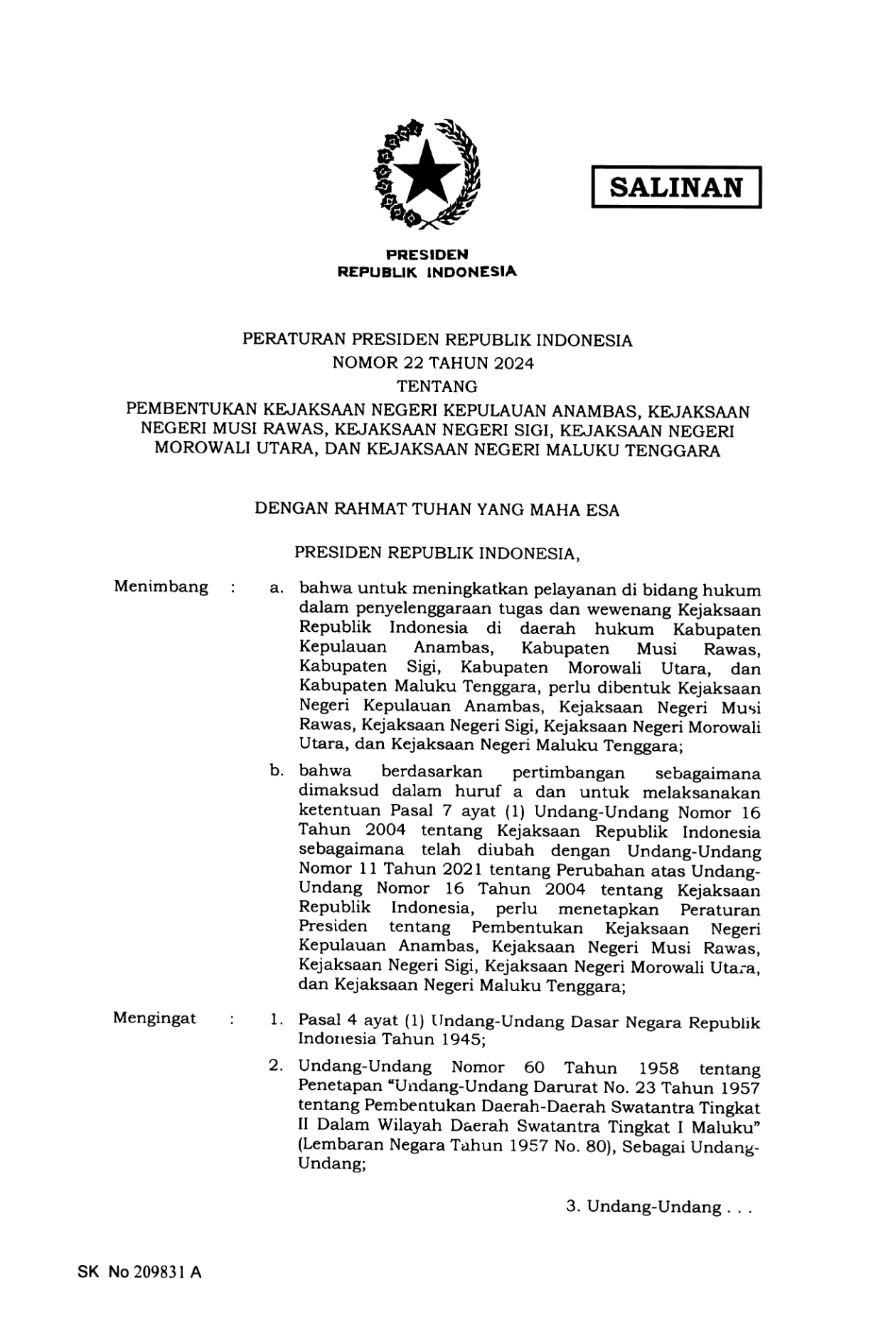 Peraturan Presiden Nomor 22 Tahun 2024