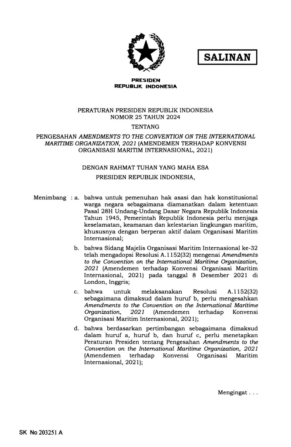 Peraturan Presiden Nomor 25 Tahun 2024