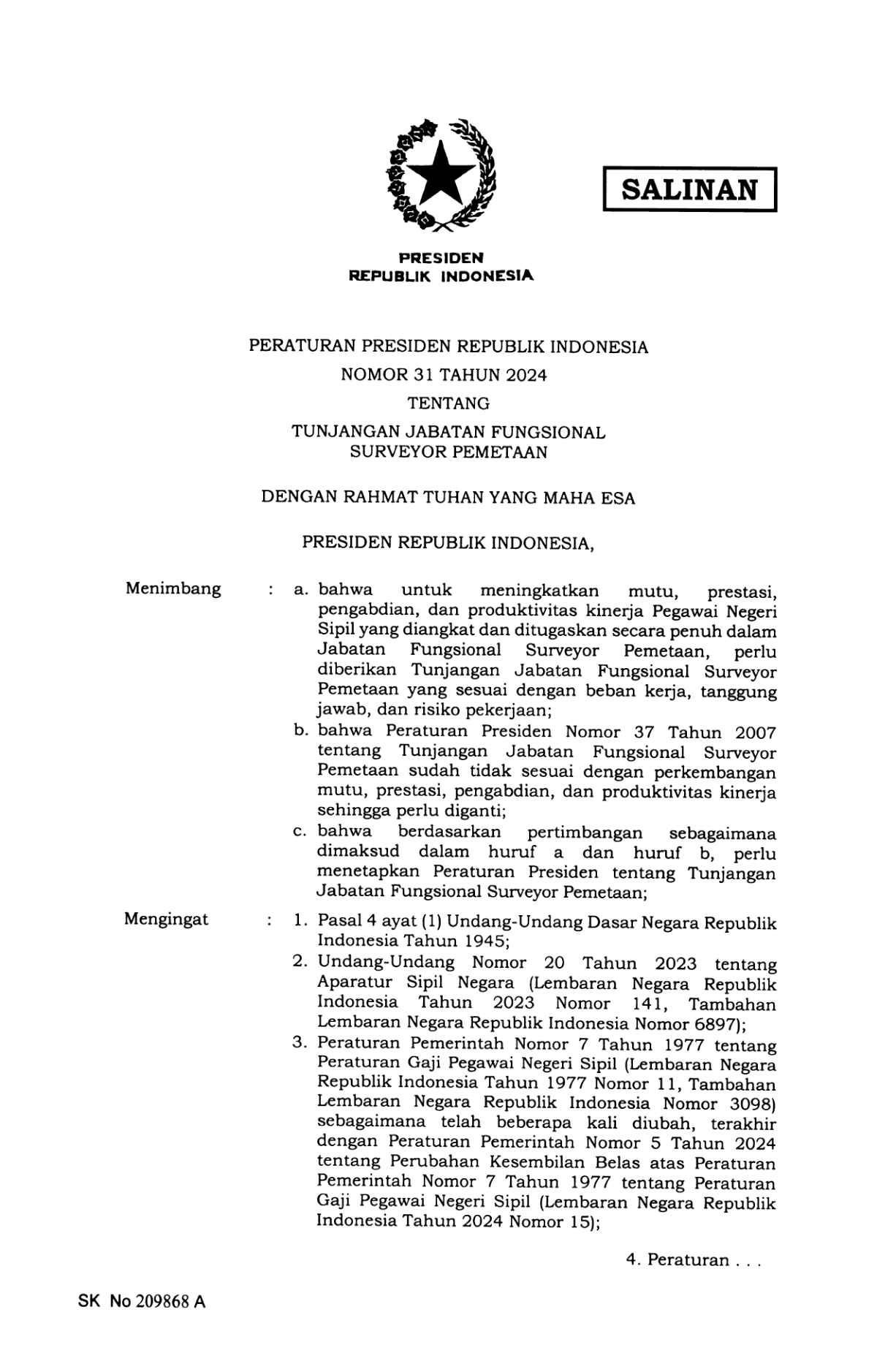 Peraturan Presiden Nomor 31 Tahun 2024