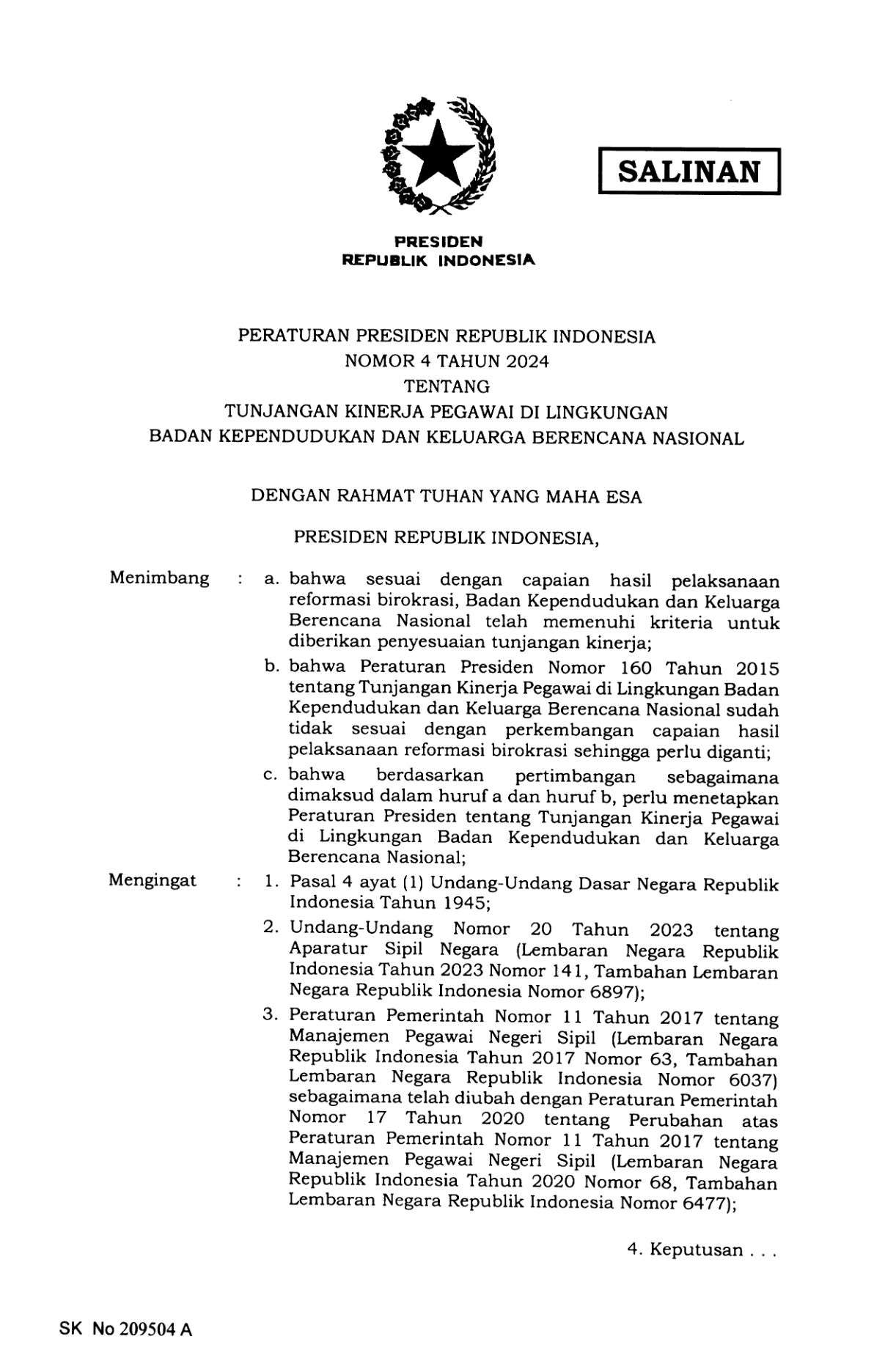 Peraturan Presiden Nomor 4 Tahun 2024