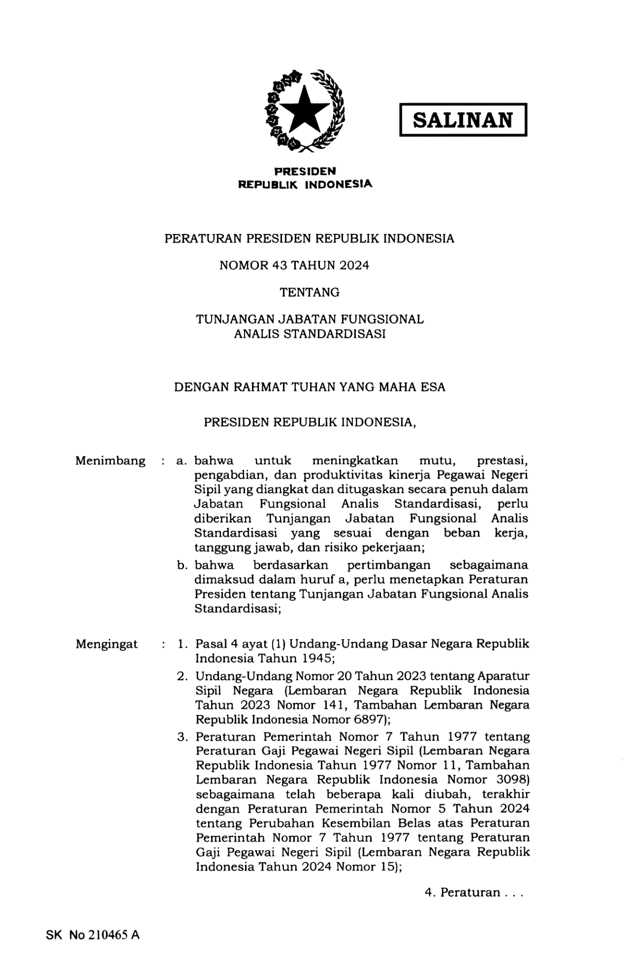 Peraturan Presiden Nomor 43 Tahun 2024