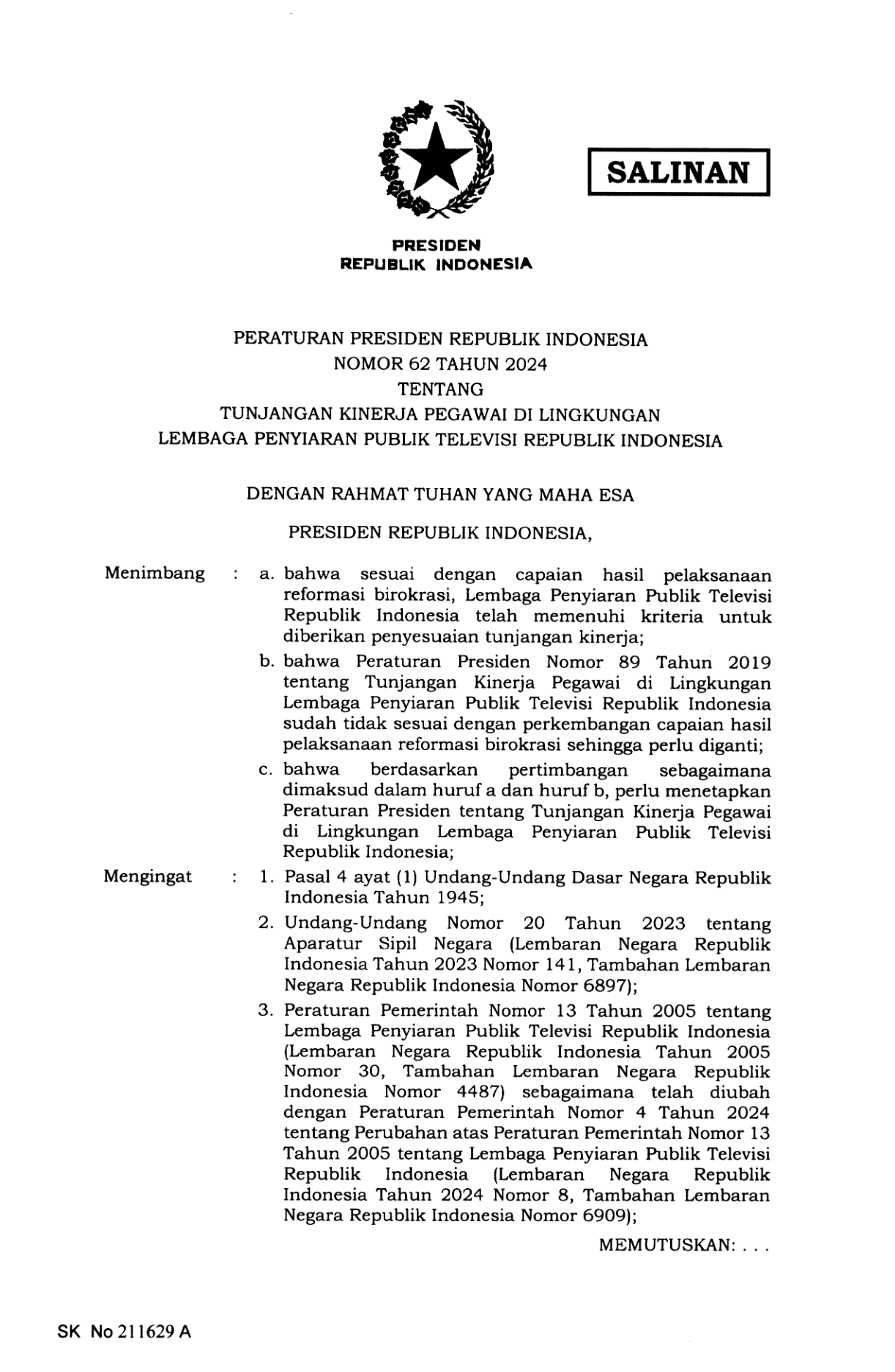 Peraturan Presiden Nomor 62 Tahun 2024