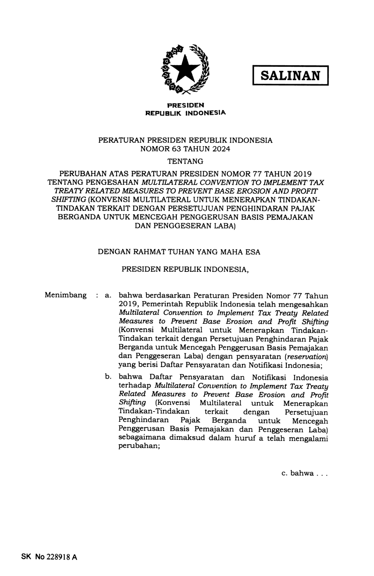 Peraturan Presiden Nomor 63 Tahun 2024