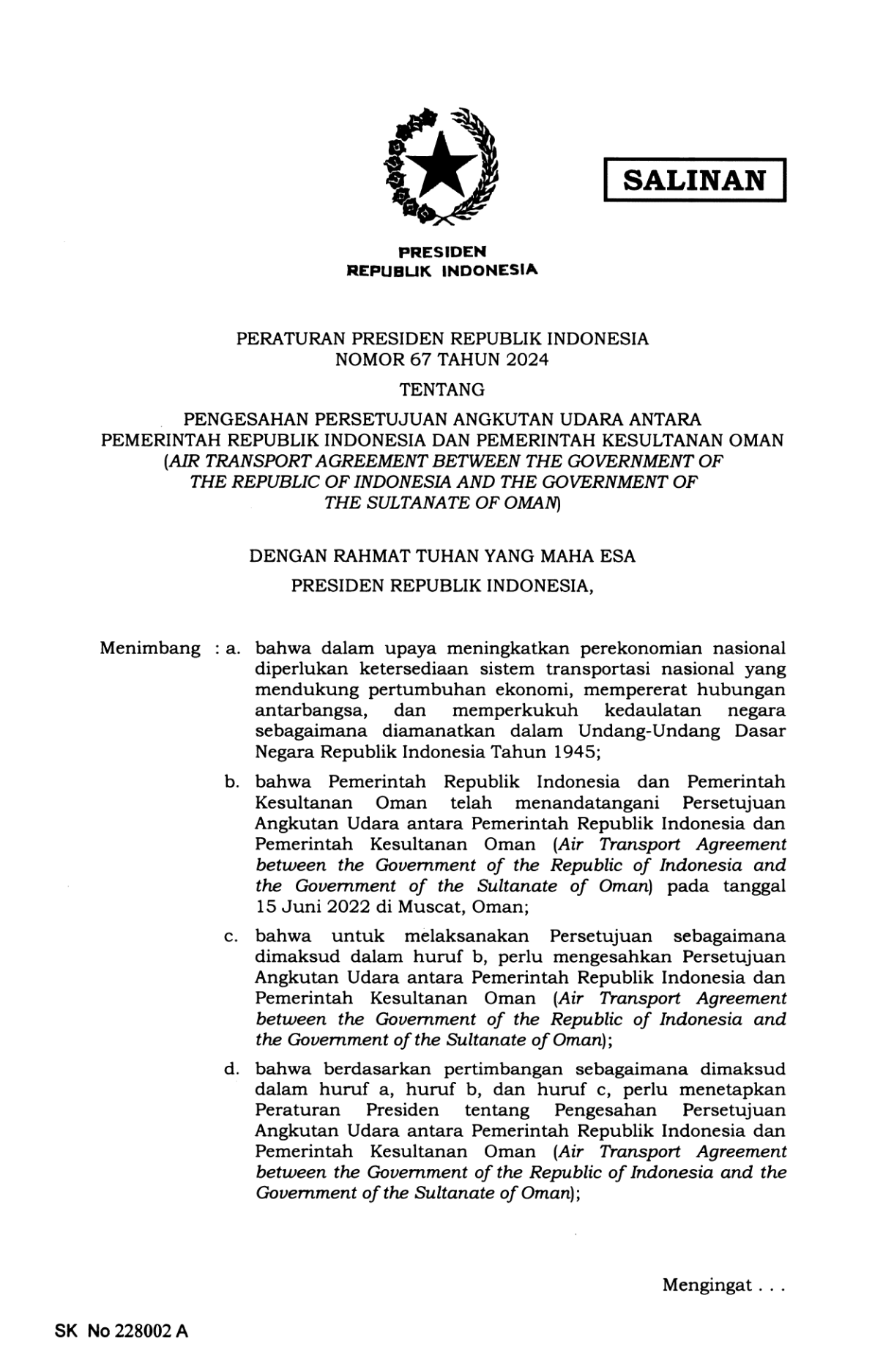 Peraturan Presiden Nomor 67 Tahun 2024