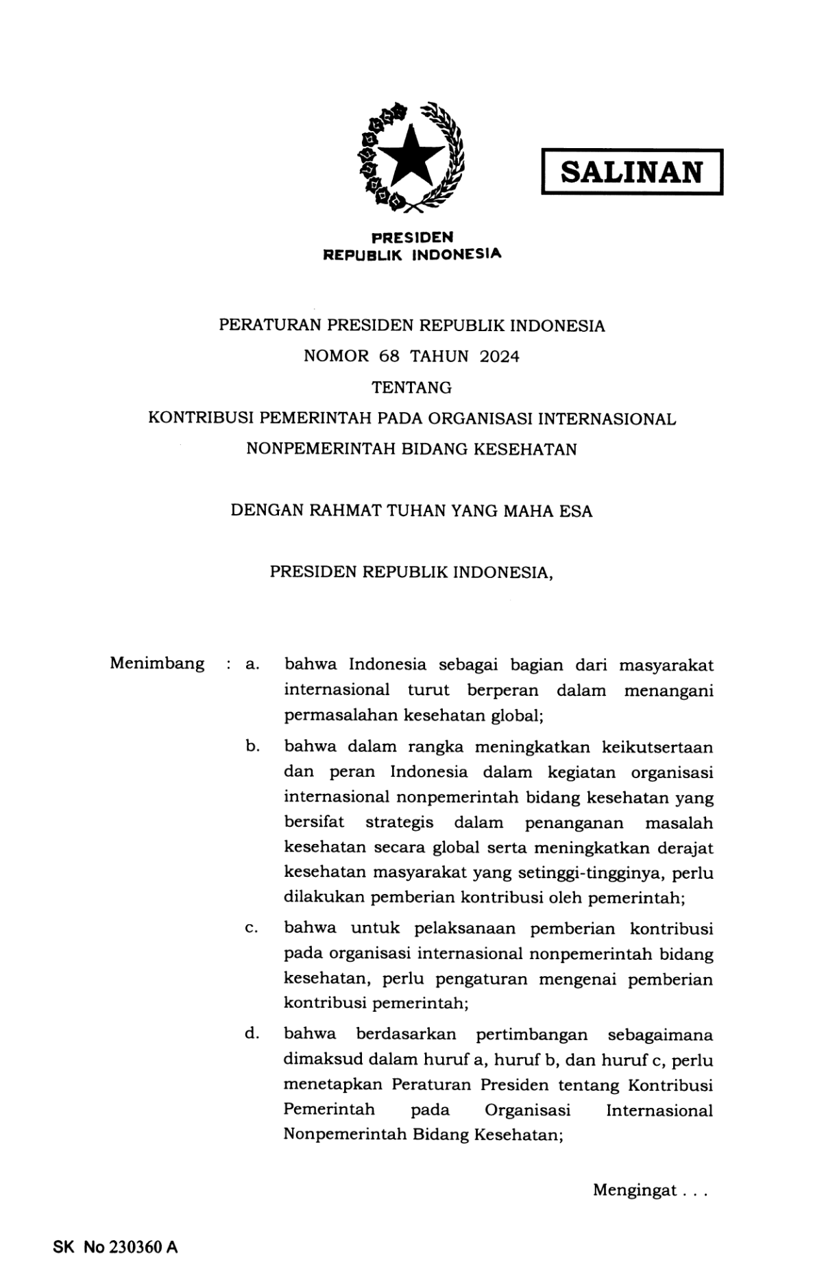 Peraturan Presiden Nomor 68 Tahun 2024