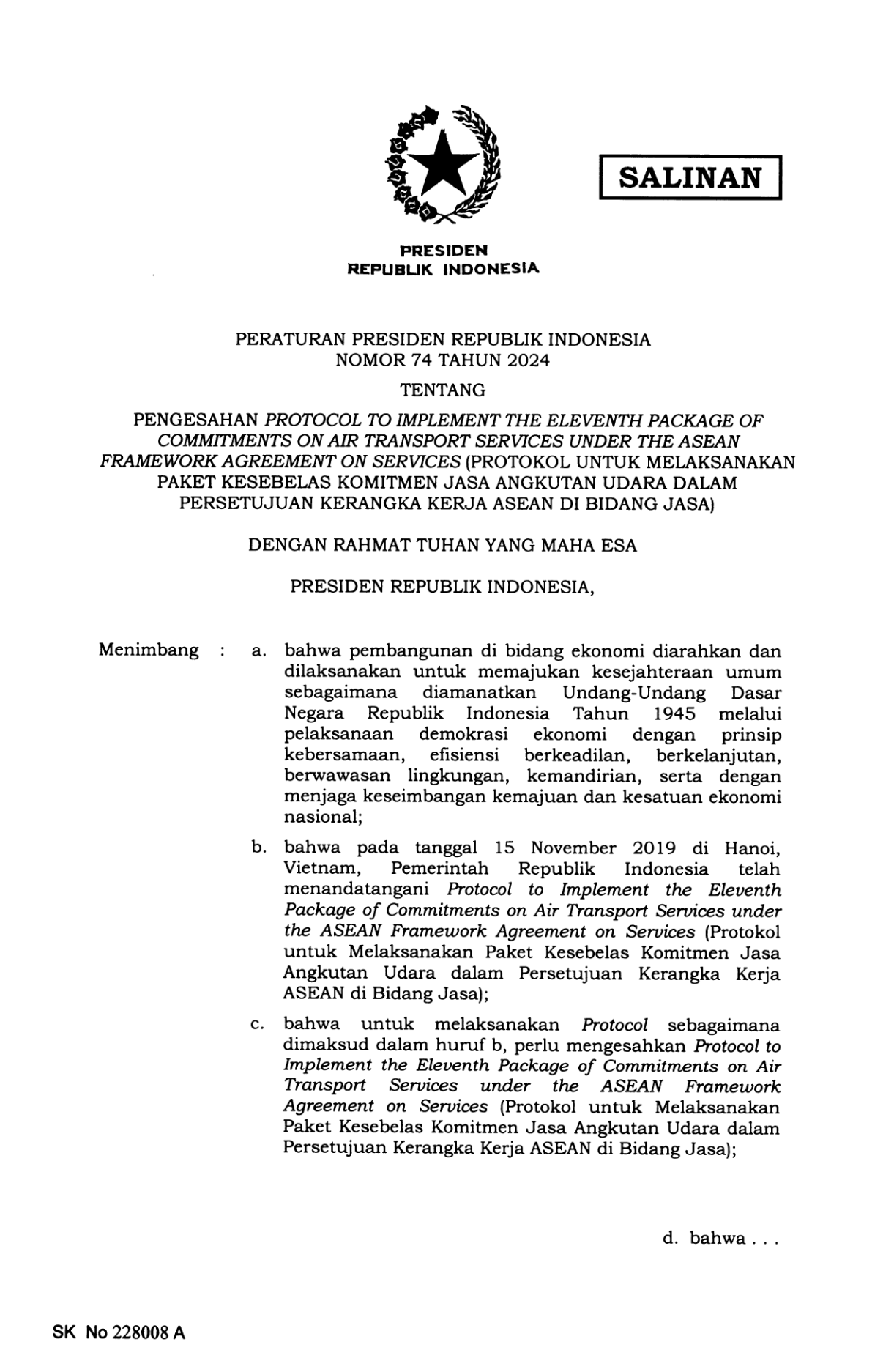 Peraturan Presiden Nomor 74 Tahun 2024