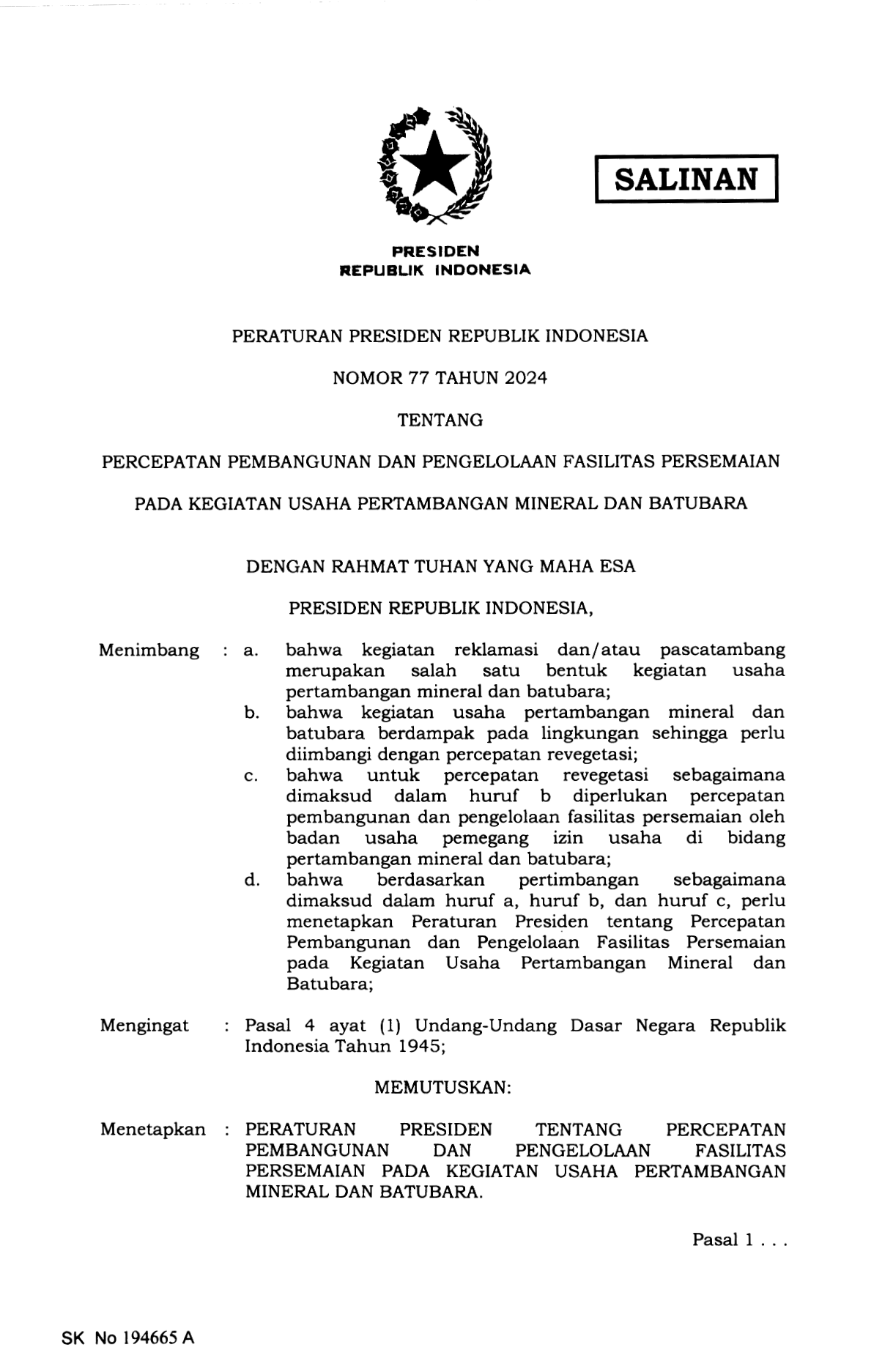 Peraturan Presiden Nomor 77 Tahun 2024