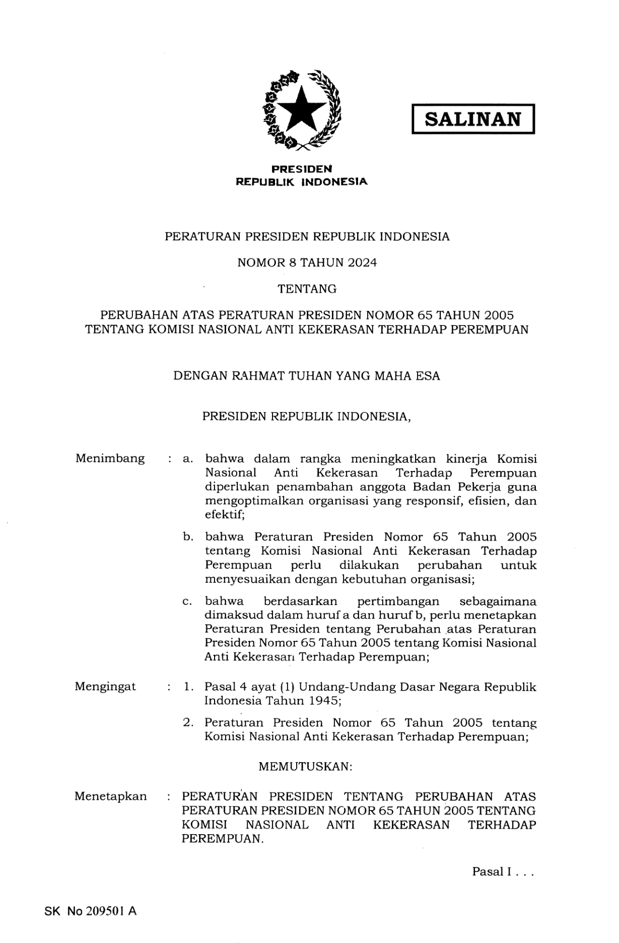 Peraturan Presiden Nomor 8 Tahun 2024