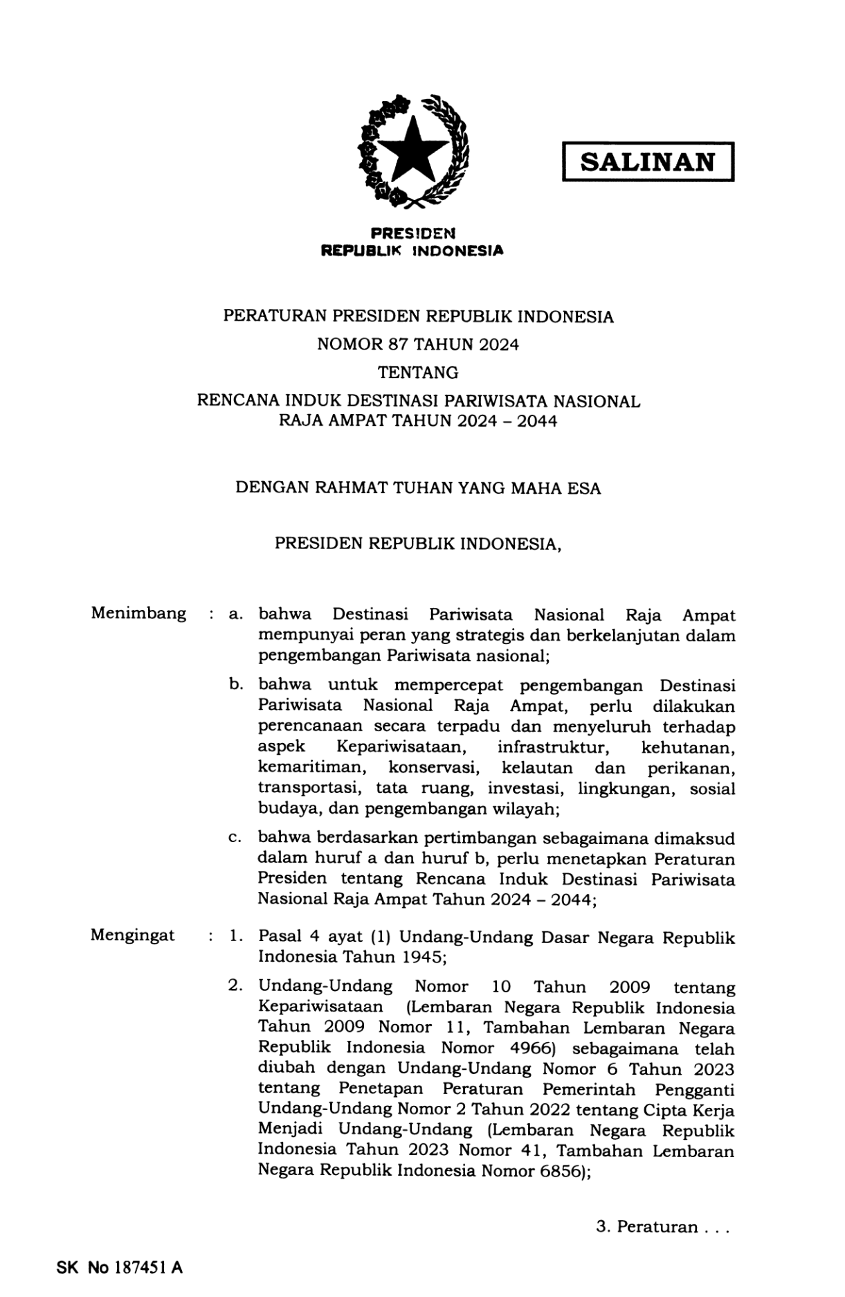Peraturan Presiden Nomor 87 Tahun 2024