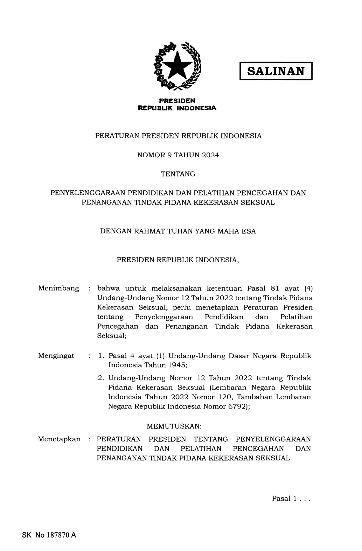 Peraturan Presiden Nomor 9 Tahun 2024