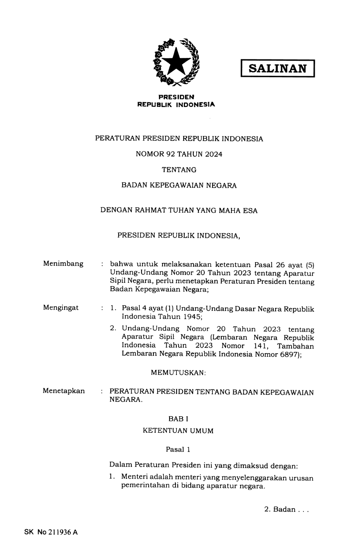 Peraturan Presiden Nomor 92 Tahun 2024