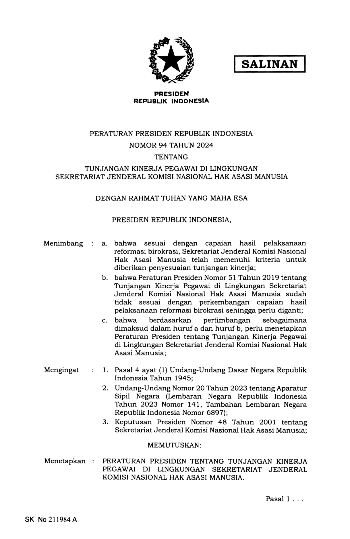 Peraturan Presiden Nomor 94 Tahun 2024