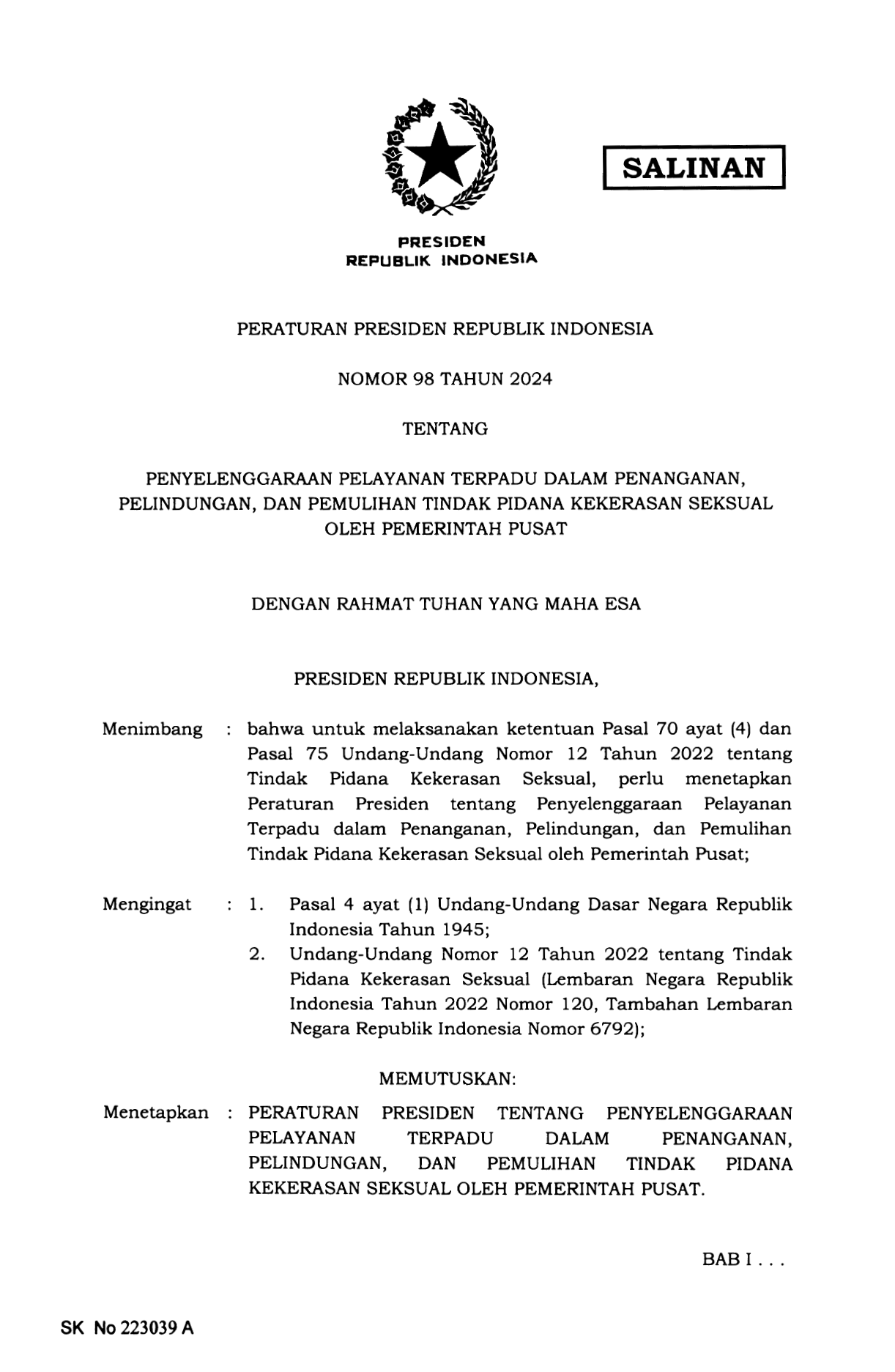 Peraturan Presiden Nomor 98 Tahun 2024