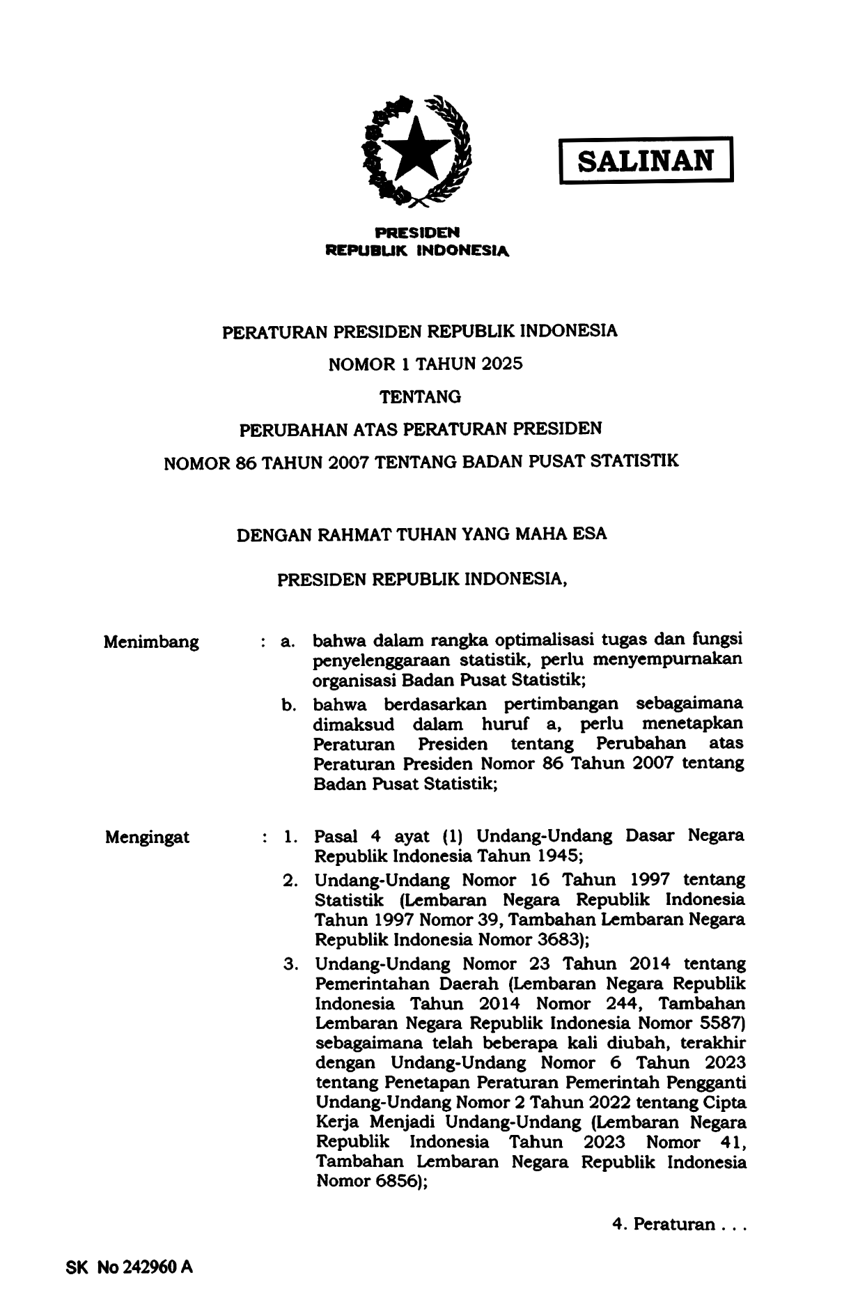 Peraturan Presiden Nomor 1 Tahun 2025