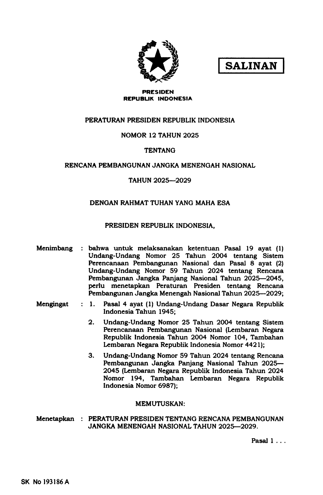 Peraturan Presiden Nomor 12 Tahun 2025