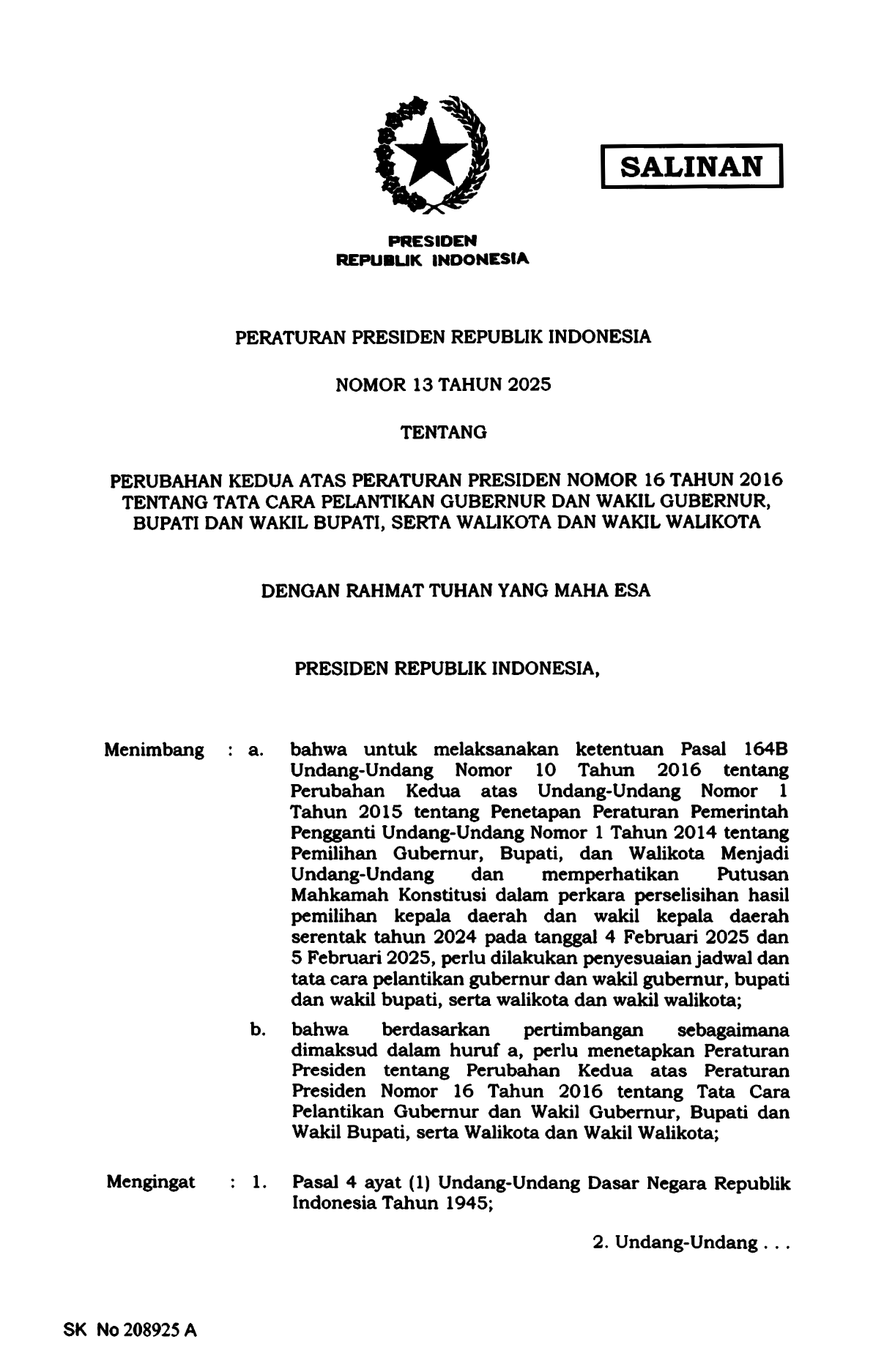 Peraturan Presiden Nomor 13 Tahun 2025