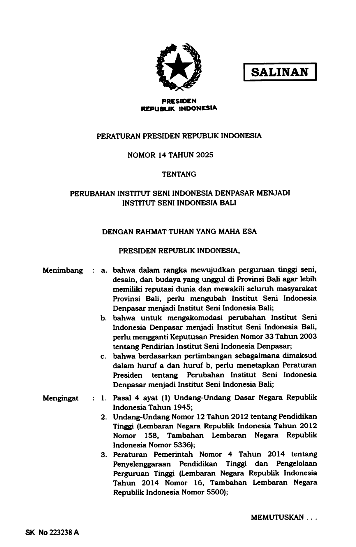 Peraturan Presiden Nomor 14 Tahun 2025