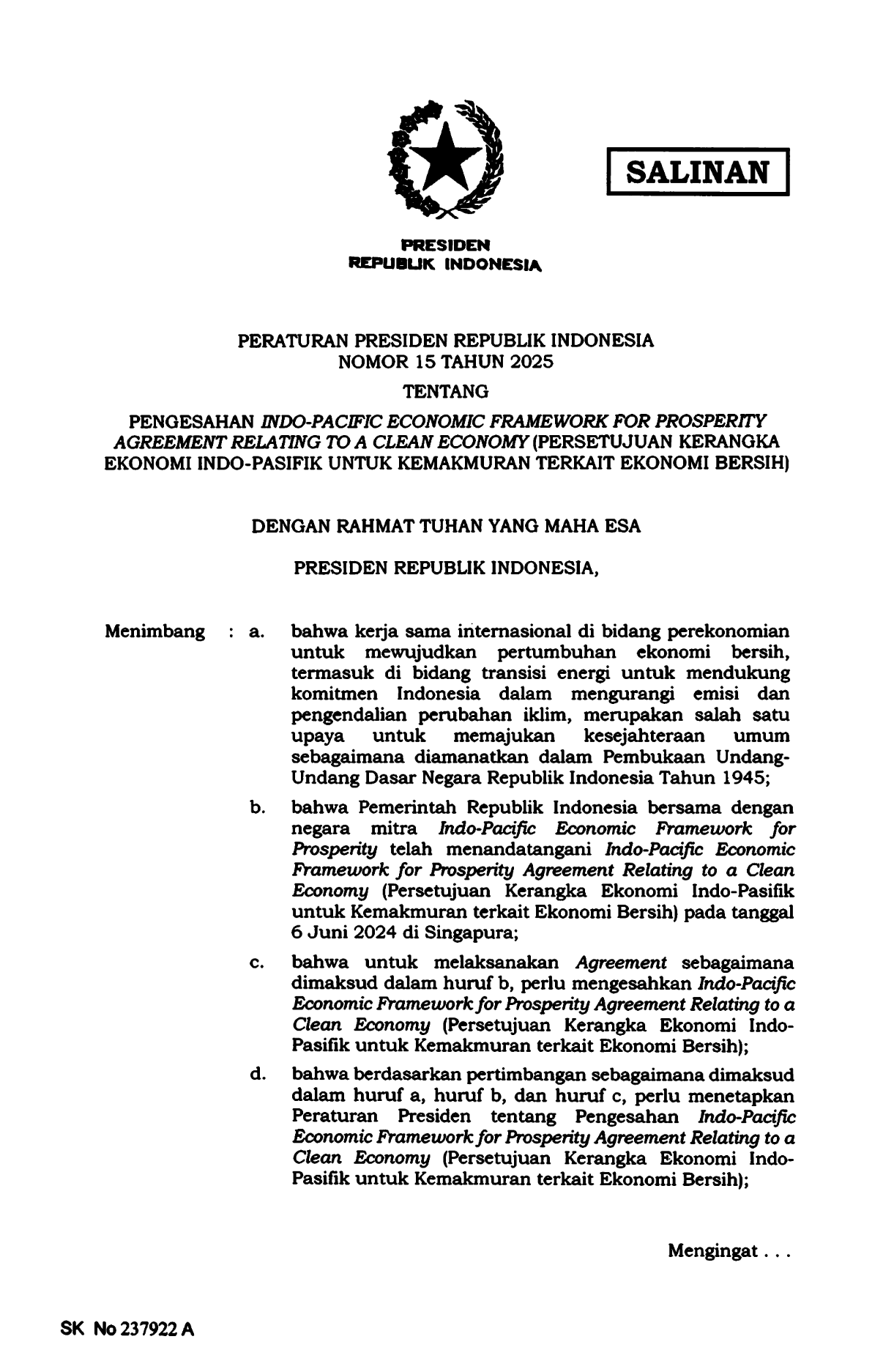 Peraturan Presiden Nomor 15 Tahun 2025