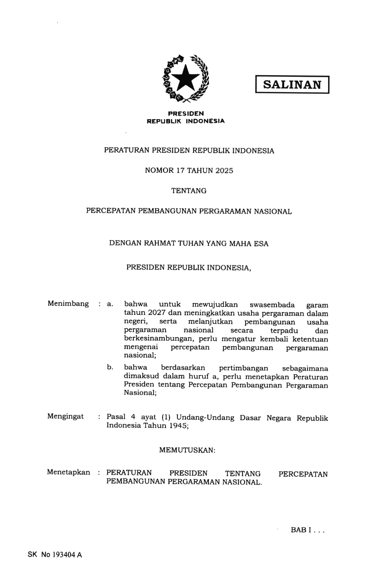 Peraturan Presiden Nomor 17 Tahun 2025