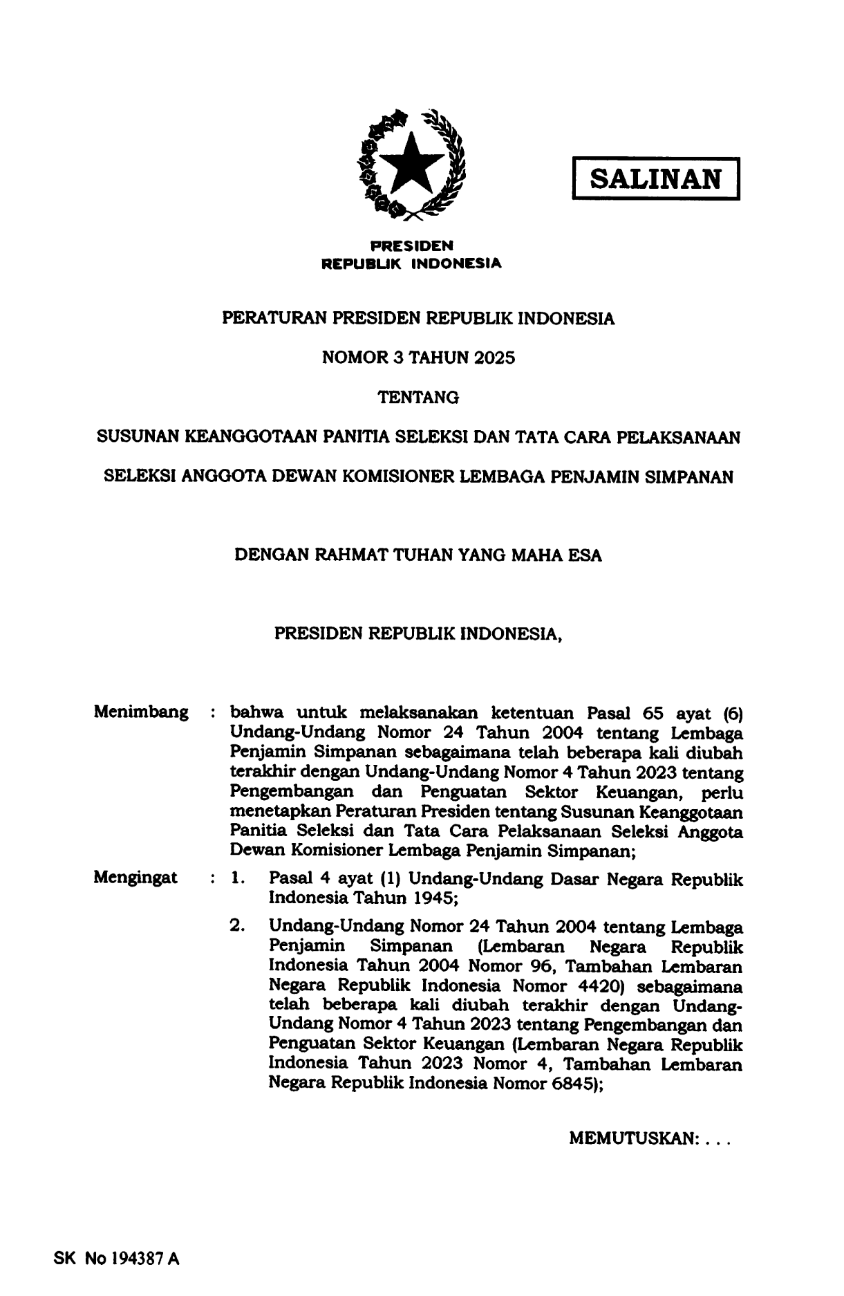 Peraturan Presiden Nomor 3 Tahun 2025