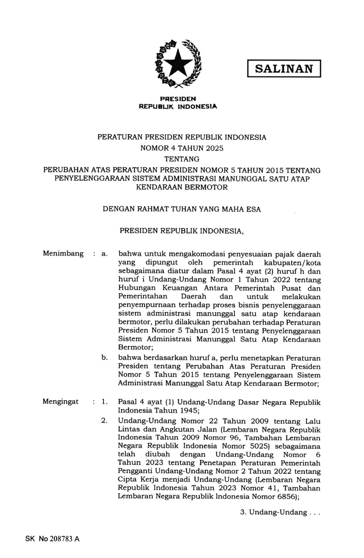 Peraturan Presiden Nomor 4 Tahun 2025