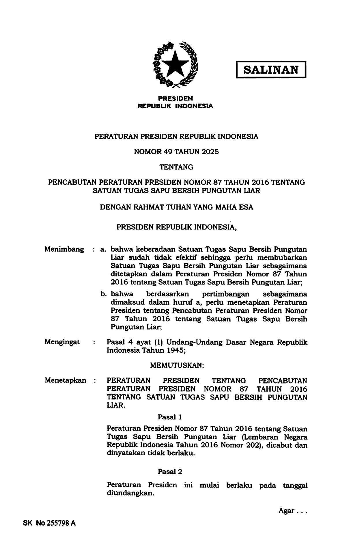 Peraturan Presiden Nomor 49 Tahun 2025