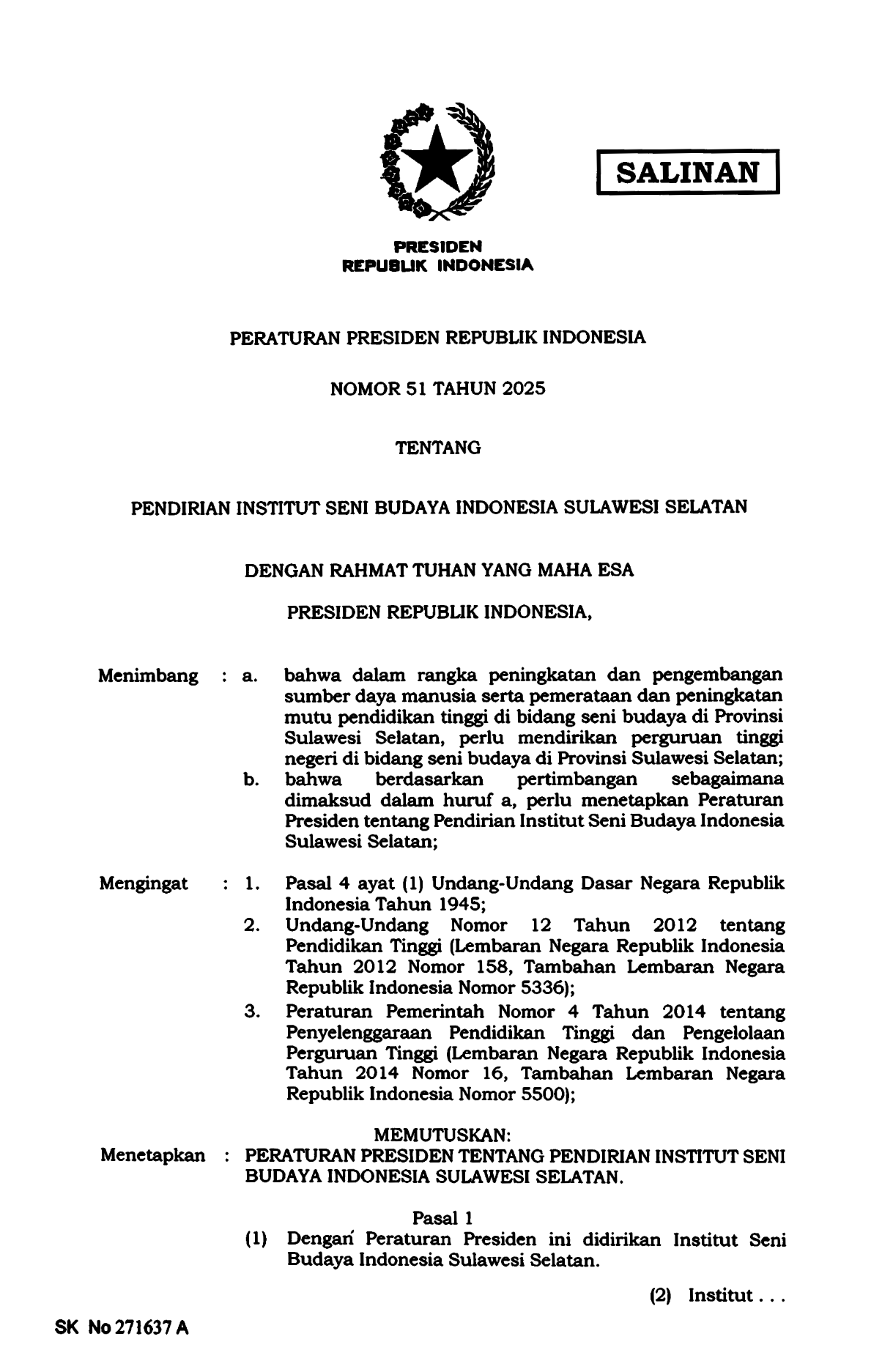 Peraturan Presiden Nomor 51 Tahun 2025