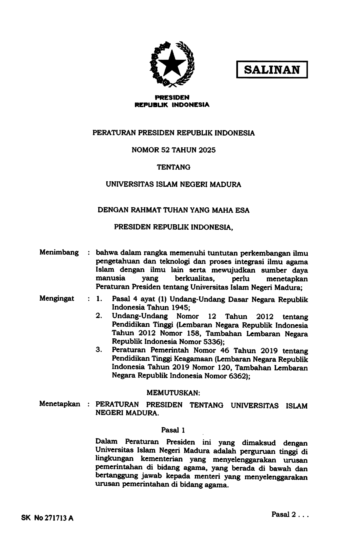 Peraturan Presiden Nomor 52 Tahun 2025