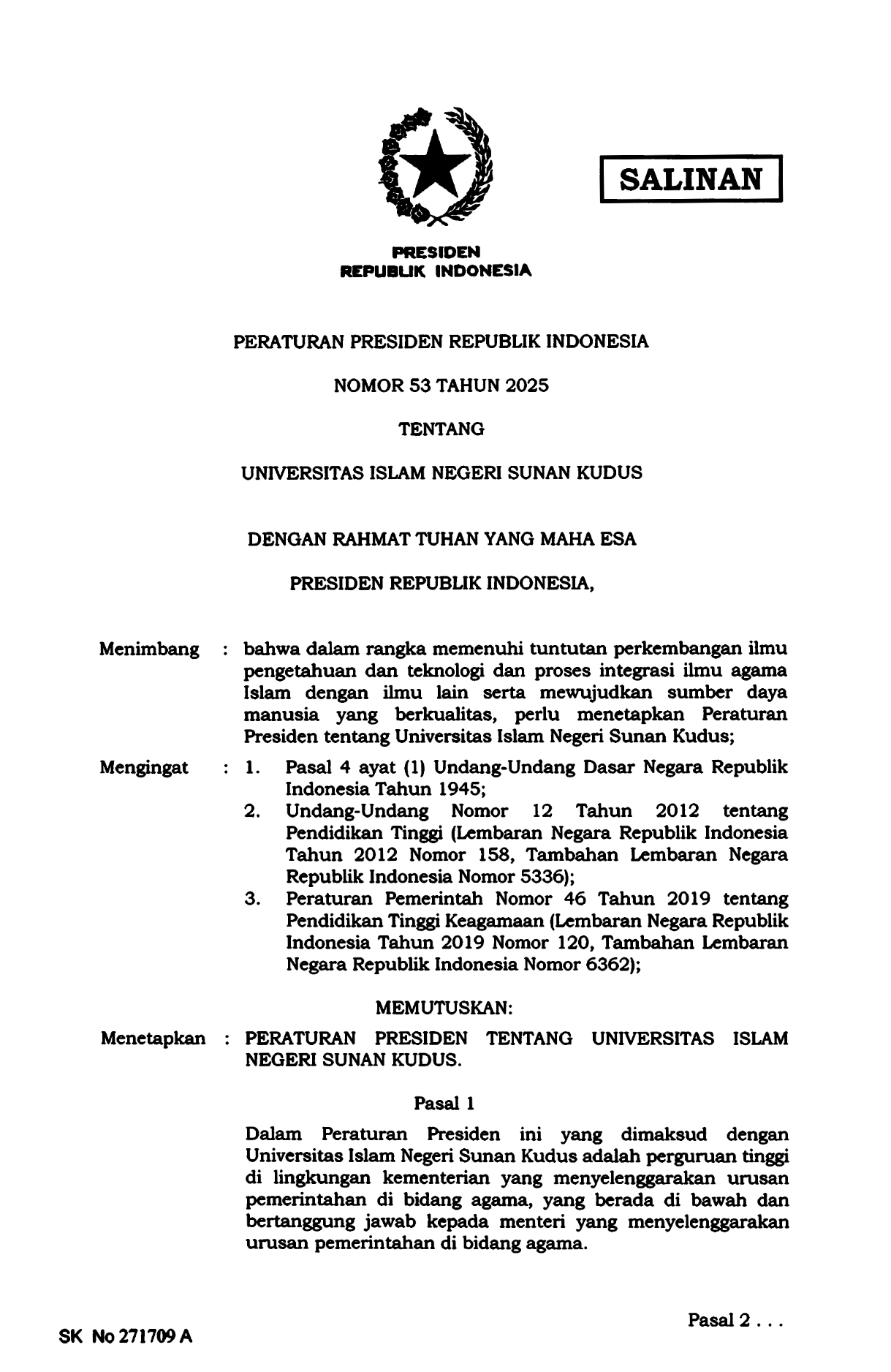 Peraturan Presiden Nomor 53 Tahun 2025