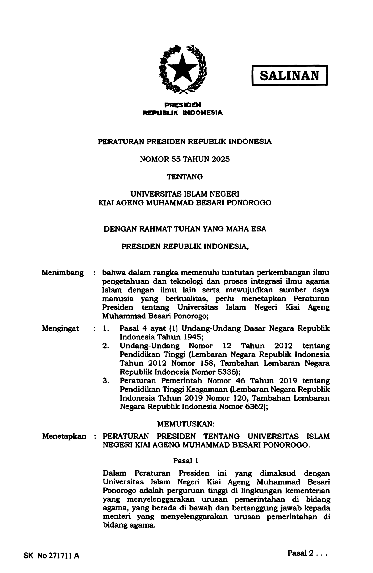 Peraturan Presiden Nomor 55 Tahun 2025
