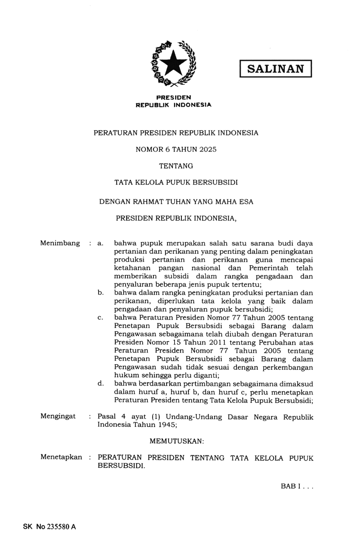 Peraturan Presiden Nomor 6 Tahun 2025