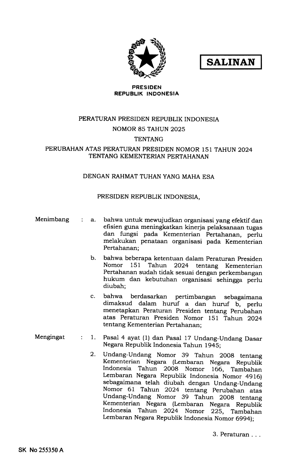 Peraturan Presiden Nomor 85 Tahun 2025