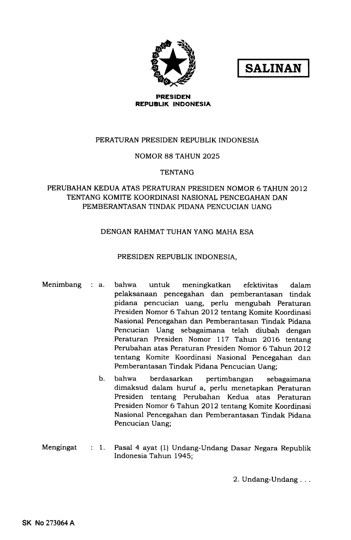 Peraturan Presiden Nomor 88 Tahun 2025