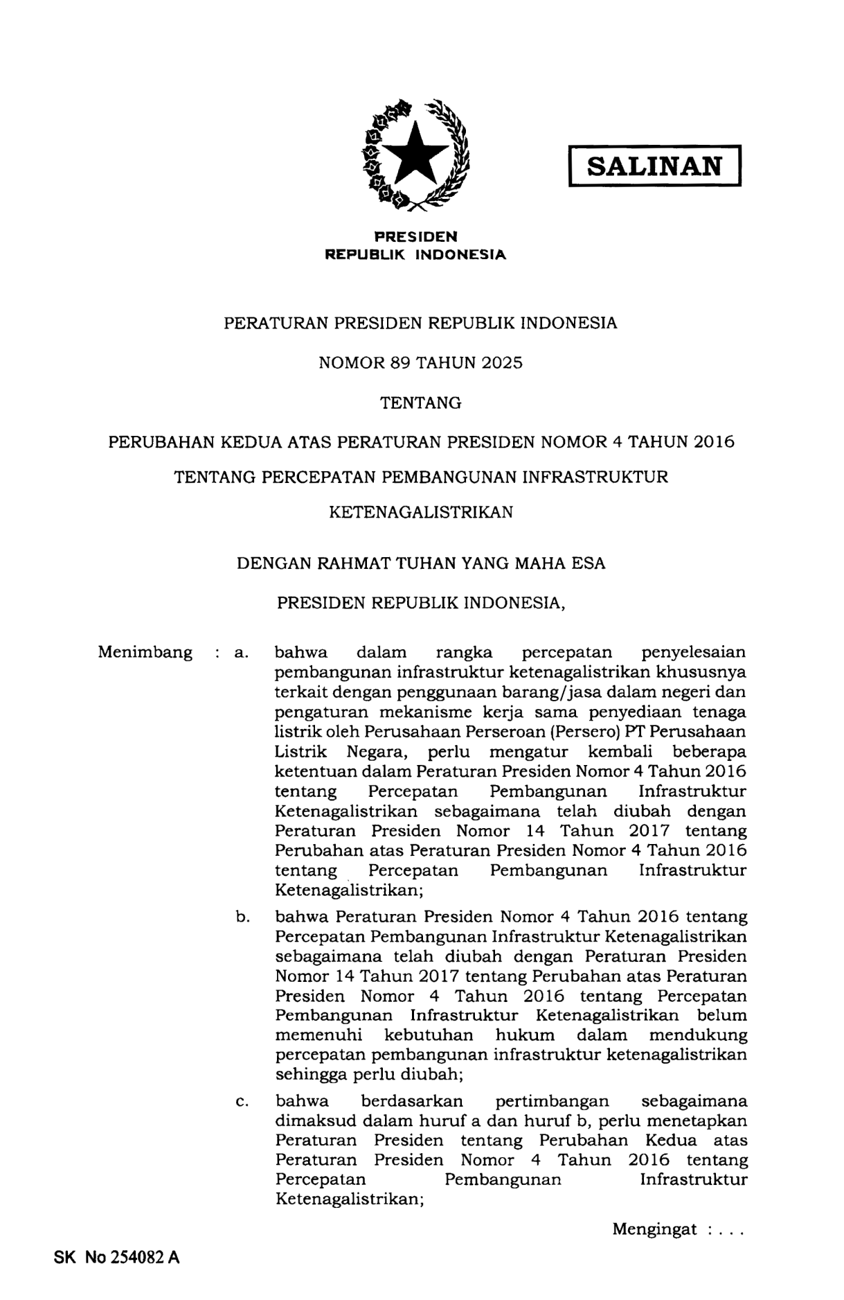 Peraturan Presiden Nomor 89 Tahun 2025