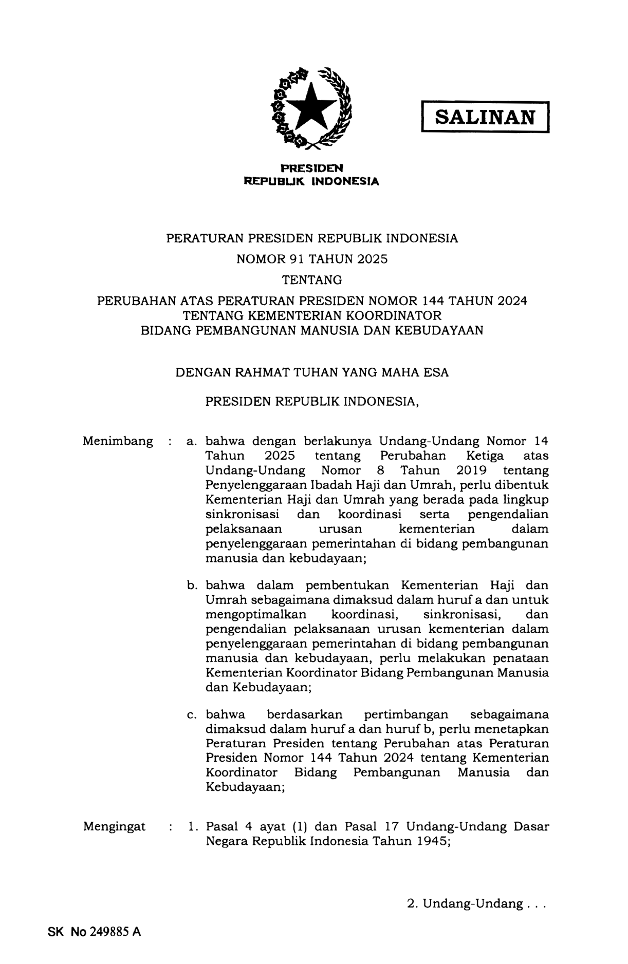 Peraturan Presiden Nomor 91 Tahun 2025