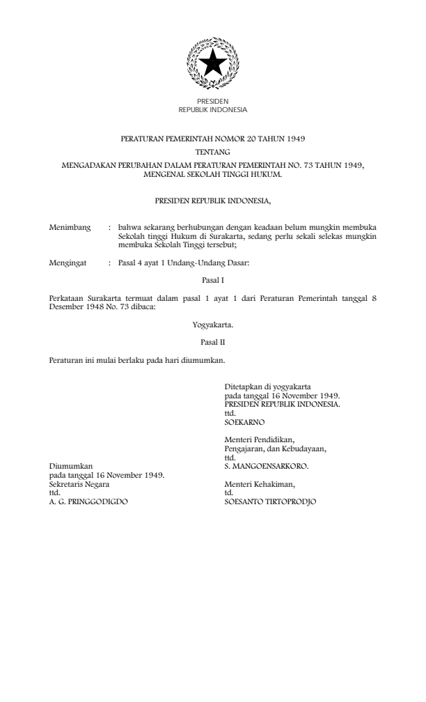 Peraturan Pemerintah Nomor 20 Tahun 1949