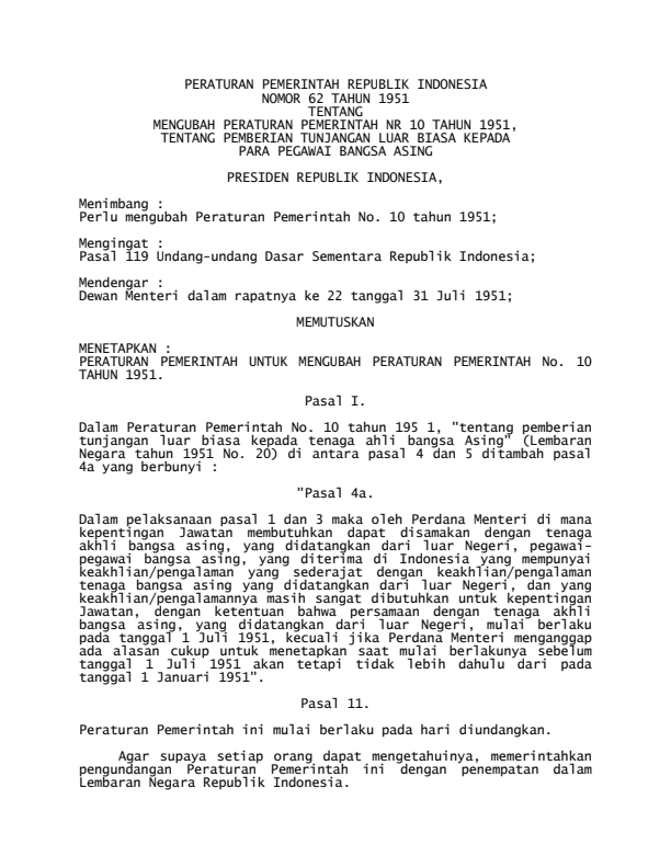 Peraturan Pemerintah Nomor 62 Tahun 1951