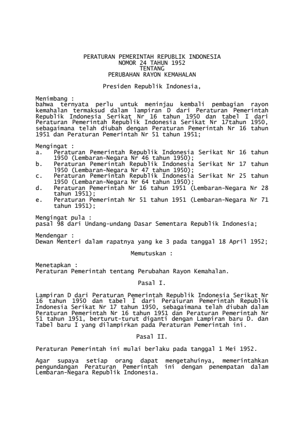 Peraturan Pemerintah Nomor 24 Tahun 1952