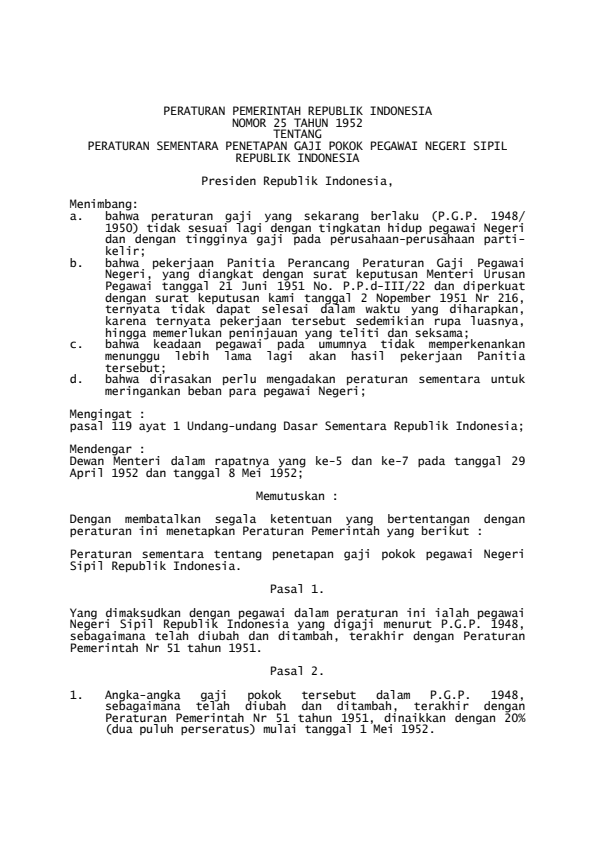 Peraturan Pemerintah Nomor 25 Tahun 1952