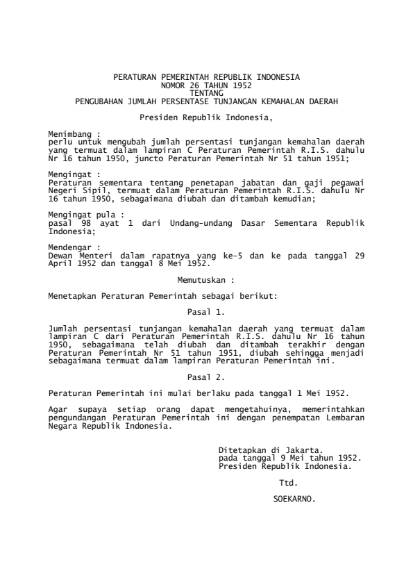 Peraturan Pemerintah Nomor 26 Tahun 1952