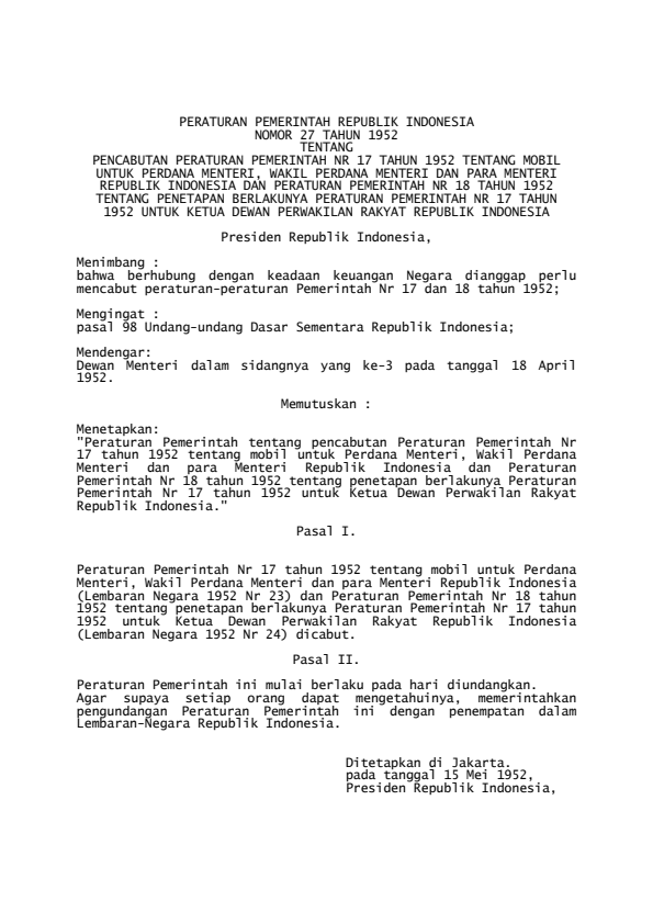 Peraturan Pemerintah Nomor 27 Tahun 1952