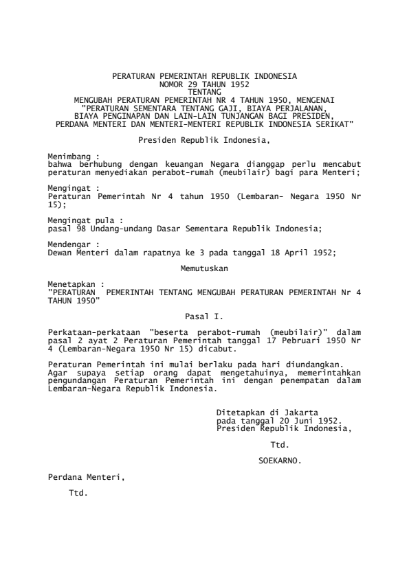 Peraturan Pemerintah Nomor 29 Tahun 1952