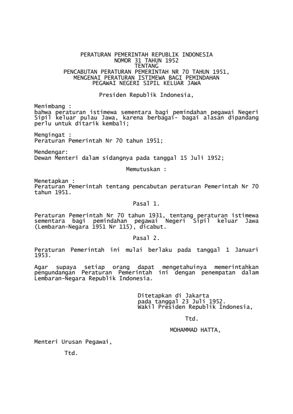 Peraturan Pemerintah Nomor 31 Tahun 1952