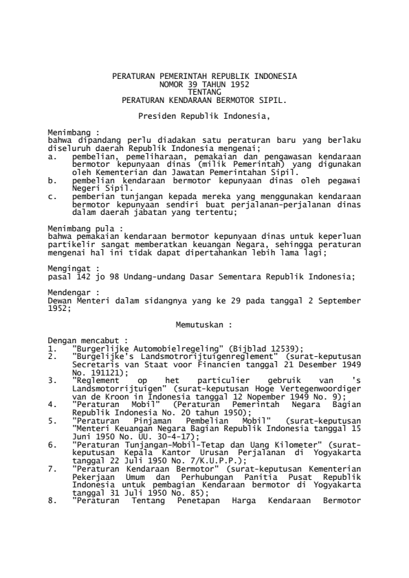 Peraturan Pemerintah Nomor 39 Tahun 1952