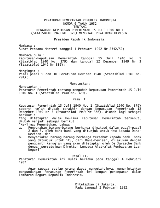 Peraturan Pemerintah Nomor 6 Tahun 1952